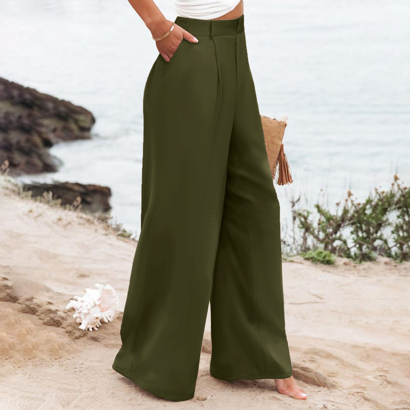 thumbnail image 4 of Pantalones anchos con cintura elástica para mujer: pantalones holgados y cómodos con bolsillos, cintura media, poliéster, para todas las estaciones, 4 of 8